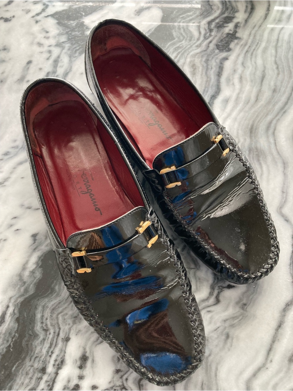 Salvatore Ferragamo Black Patent Leather Loafers with Gold Bit. Size 8.5